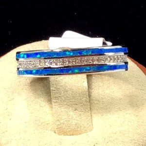 Sterling Silver Blue Opal Infinity Band Lab Diamonds Size 10 New